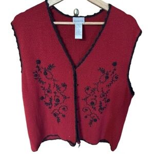 Vintage Koret Elegant Red Cardigan with Black embroidered Detailing
